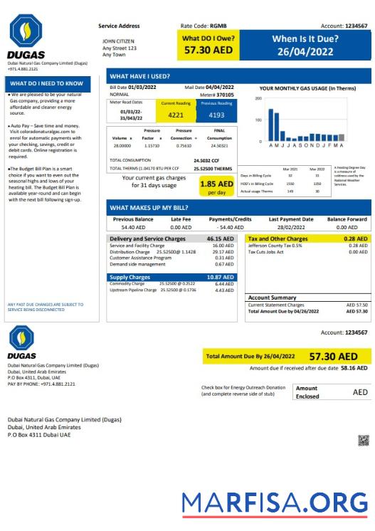 Downloadable UAE Dubai Natural Gas Company Limited (Dugas) utility bill template in Word and PDF format